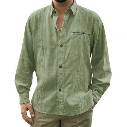 Sommar herr plus size 3xl skjortor män casual enfärgad långärmad nedfälld krage knapp skjortan i bomull linne: Grön / Xl