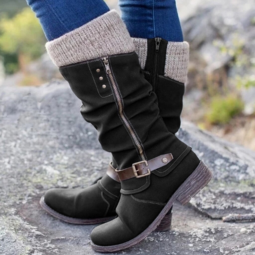 Bottes femmes hiver Patchwork bottes chaussures loisirs fermeture éclair couleurs mélangées talons plats femme grande taille haute moto bottes chaussures
