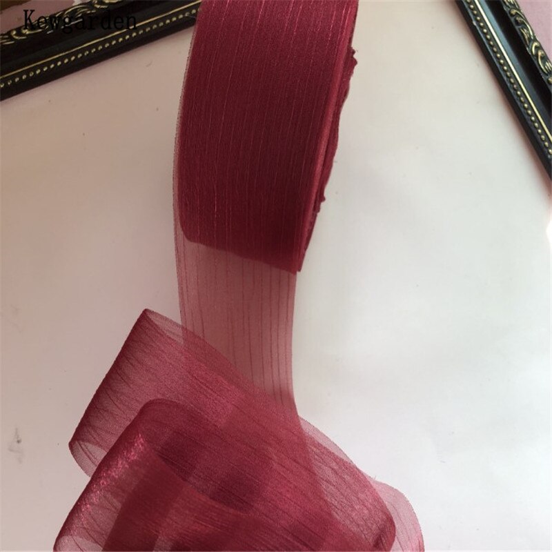 Kewgarden 6cm- stribet rynke tyl bånd håndlavet tape voile bånd gør-det-selv-sløjfe tilbehør bånd 50 yards: Rødvin