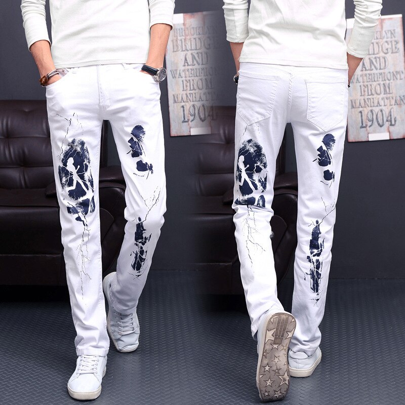 Pattern Printing Biker Jeans Men's Denim Trouser Elasticity Male Slim Pants Plus Size 42