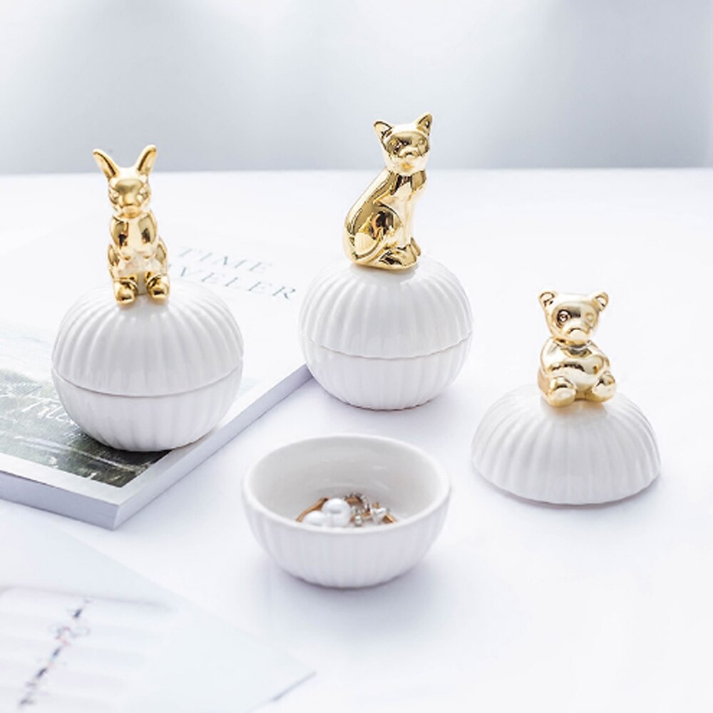 Or 3d Chat kitty animaux En Porcelaine Porte-Bijoux Anneau Plat de Bijoux En Céramique Décor À La Maison Plateau Bol pot blanc Rose pour mariage