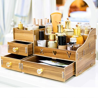 Multifunktions træ desktop opbevaringsboks makeup organizer taske kosmetisk opbevaringsboks gør det selv store makeup organizer skuffer: 1