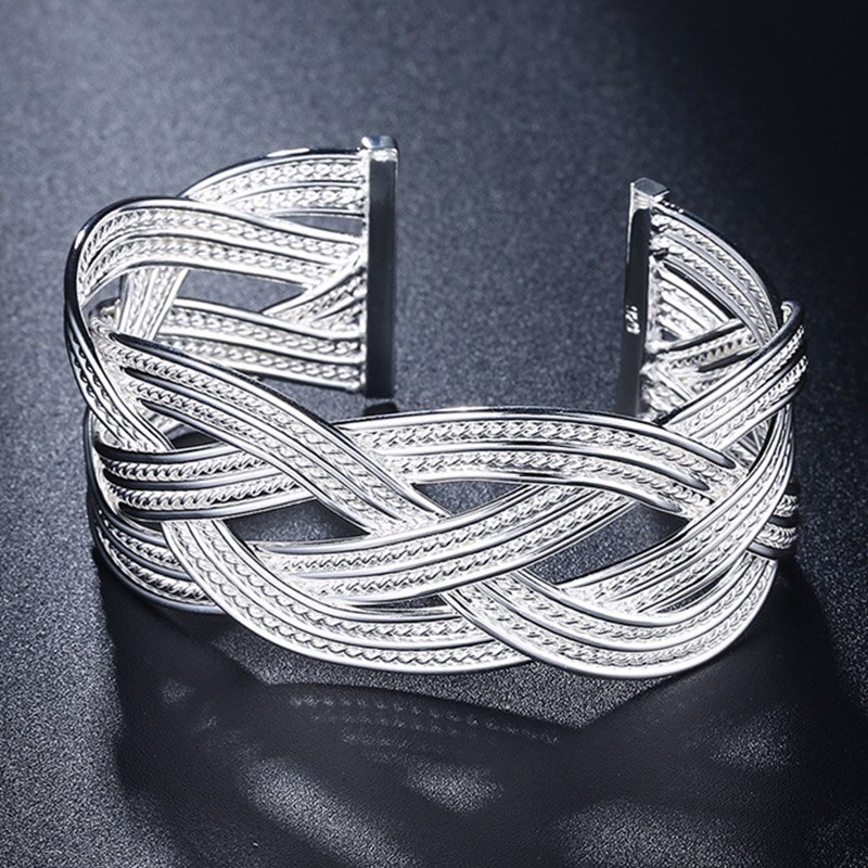 Di modo 925 Monili D&#39;argento Big Intrecciata Web Bracelet &amp; Bangle Per Le Donne Semplice Aperto Braccialetti A Fili Multipli Delle Donne Del Partito Gioielli Regali