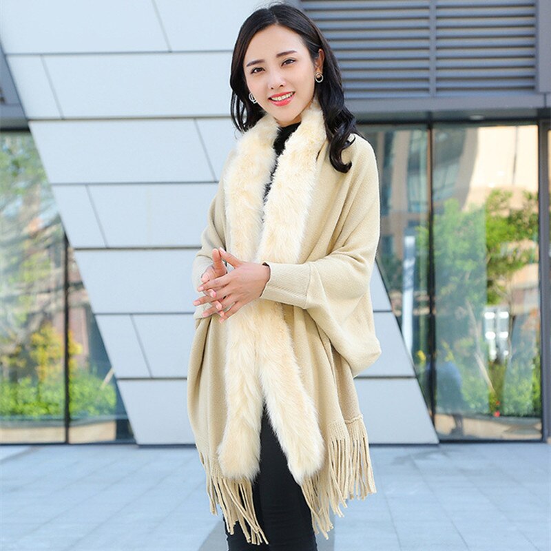 Forår damer faux fur krave cape sjal cardigan grå kvinder kvaststrik cardigan sweater poncho vinter varm frakke