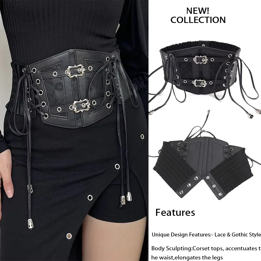 Ceinture Corset rétro pour femmes, Style gothique, dentelle élastique, boucle ardillon, corde à nouer, accessoire Punk pour chemise et robe