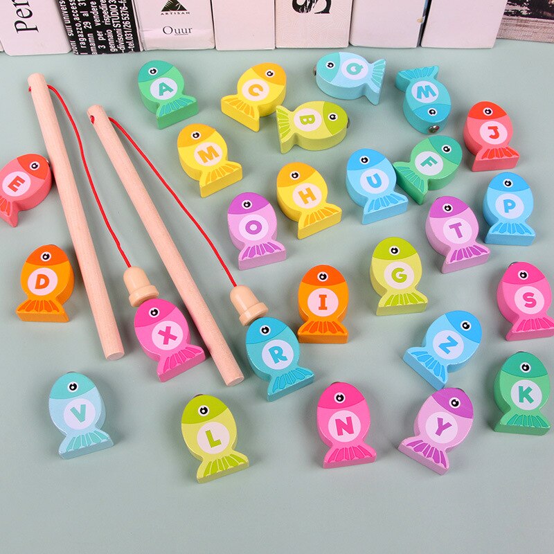 Montessori Wooden Toys For Kids Early Educational Board Math Fishing Count Numbers Matching Digital Shape Sorter Children Toy: Letter fishing