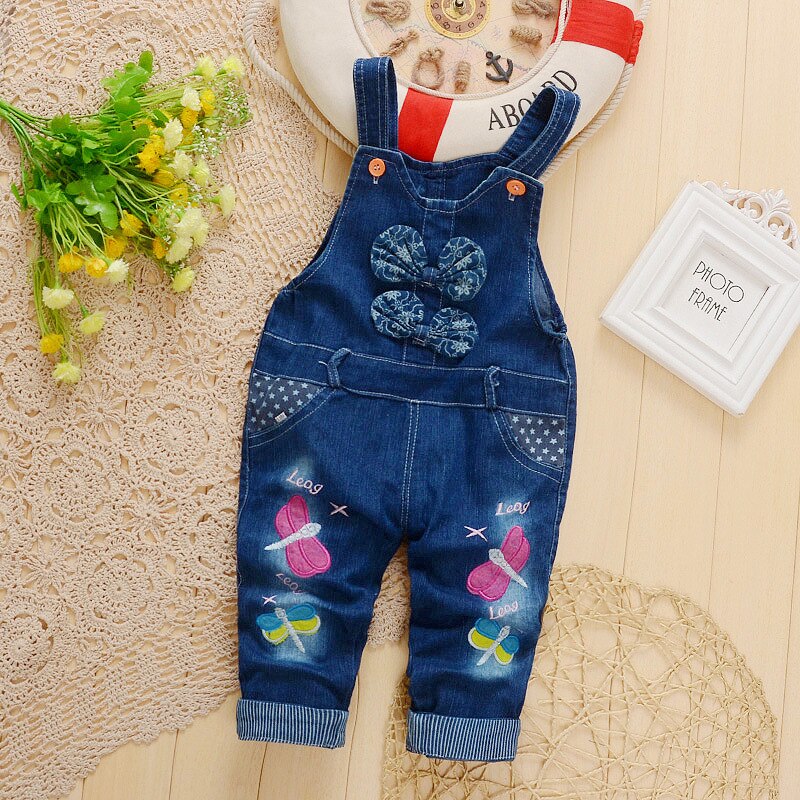 NYSRFZ Baby Broek Kids Denim Overalls Borduurwerk libel Jeans Zuigeling Baby Bib Broek Jongens Meisjes Denim Jumpsuit