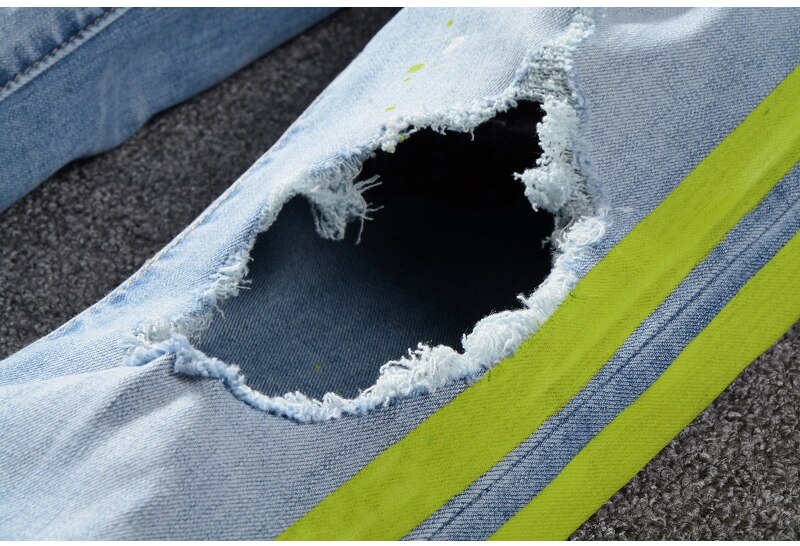 Mænds mandlige casual mand neon gule farve linjer patchwork flækkede jeans huller ødelagt denim stretch bukser bukser