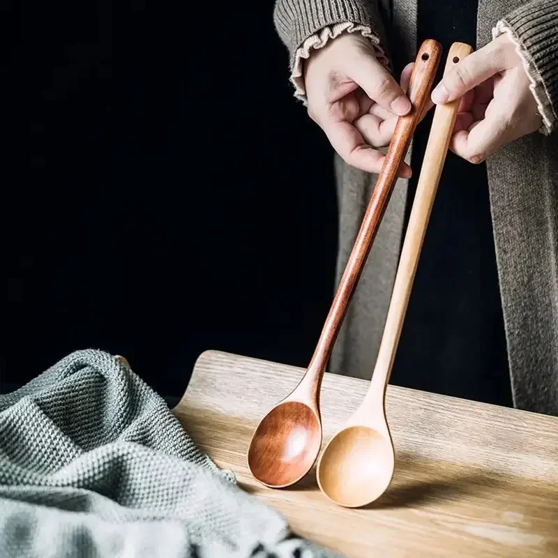 Colheres de chá de madeira longas utensílios de cozinha para sopa chá mel mexendo colher concha colher de sopa e garfo