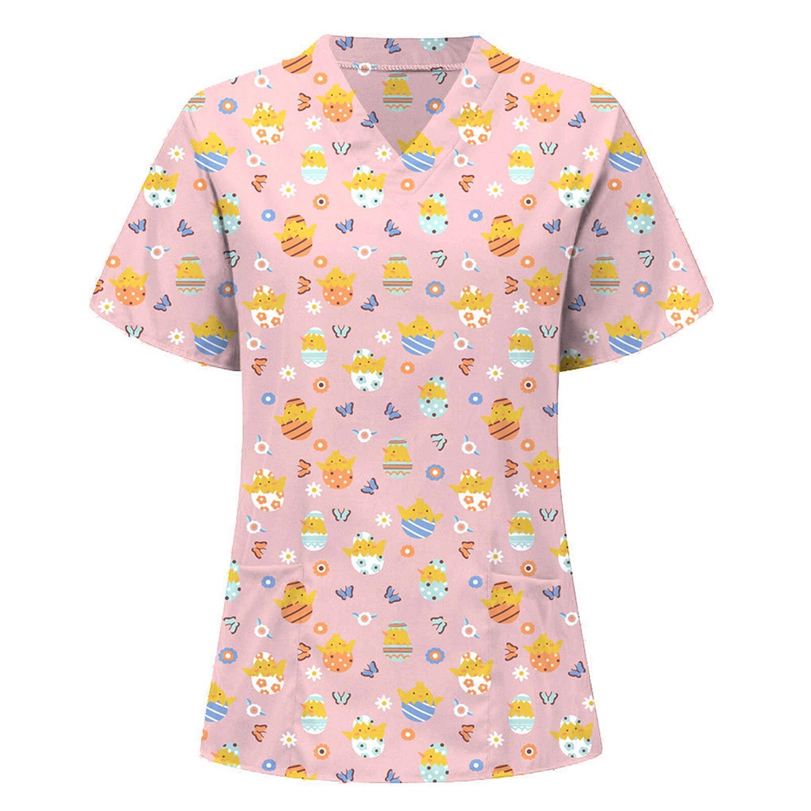 Easter Day Scrubs Tops For Women Short Sleeve V-neck Rabbit Pattern Tops Nursing Uniform Health Workers Workwear: Pink / XL