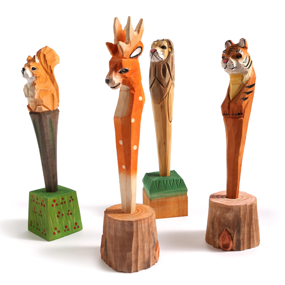 1Pc Coloffice Handmade Wood Carving Pets Animal Yellow Cat Ballpoint Pen Office Stationery School Writing Supplies