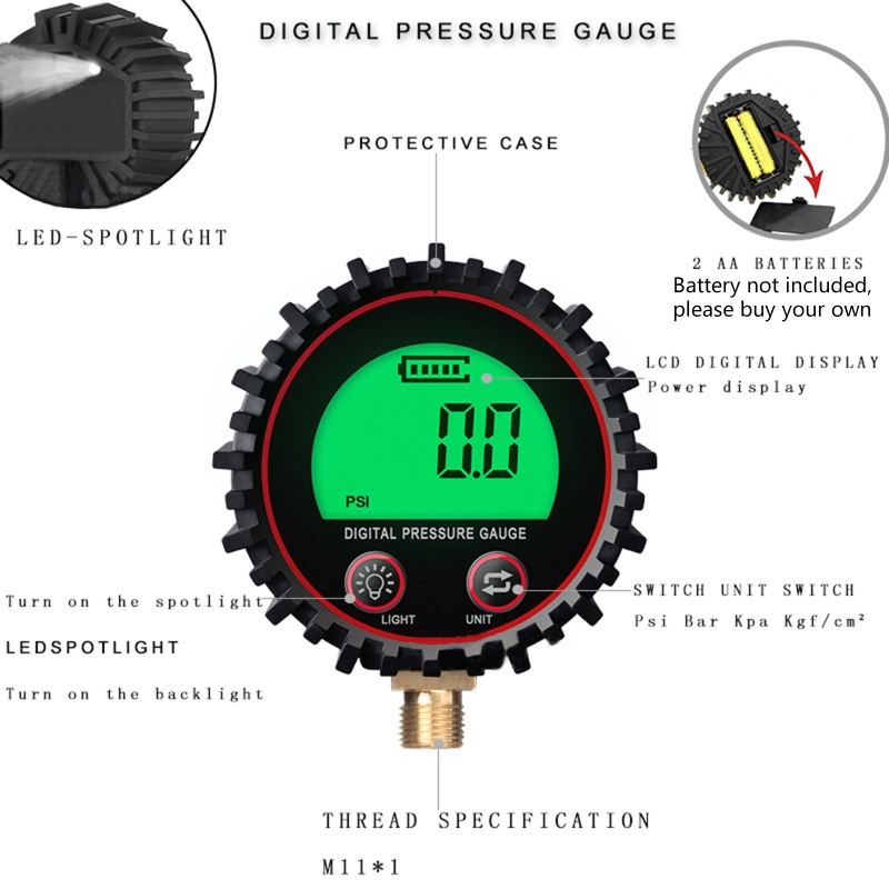 Manomètre Numérique Pression Pneus - Écran LCD Rétroéclairé, Mesures PSI/kPa/Bar, Plage 5-100 PSI, Compact Avec Poignée Caoutchouc