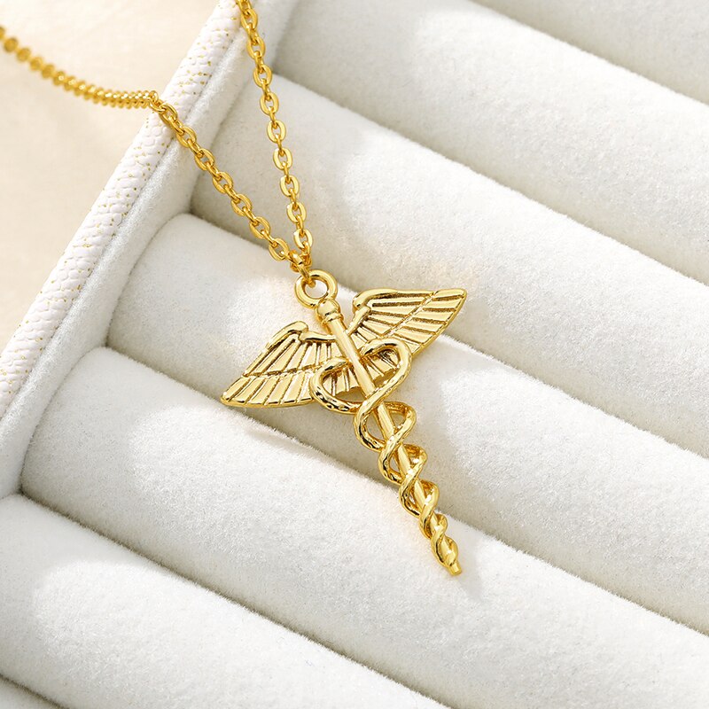 Halskette mit äskulapstab-anhänger aus edelstahl, schmuckstück mit äskulapstab-symbol, halskette mit caduceus-symbol für damen