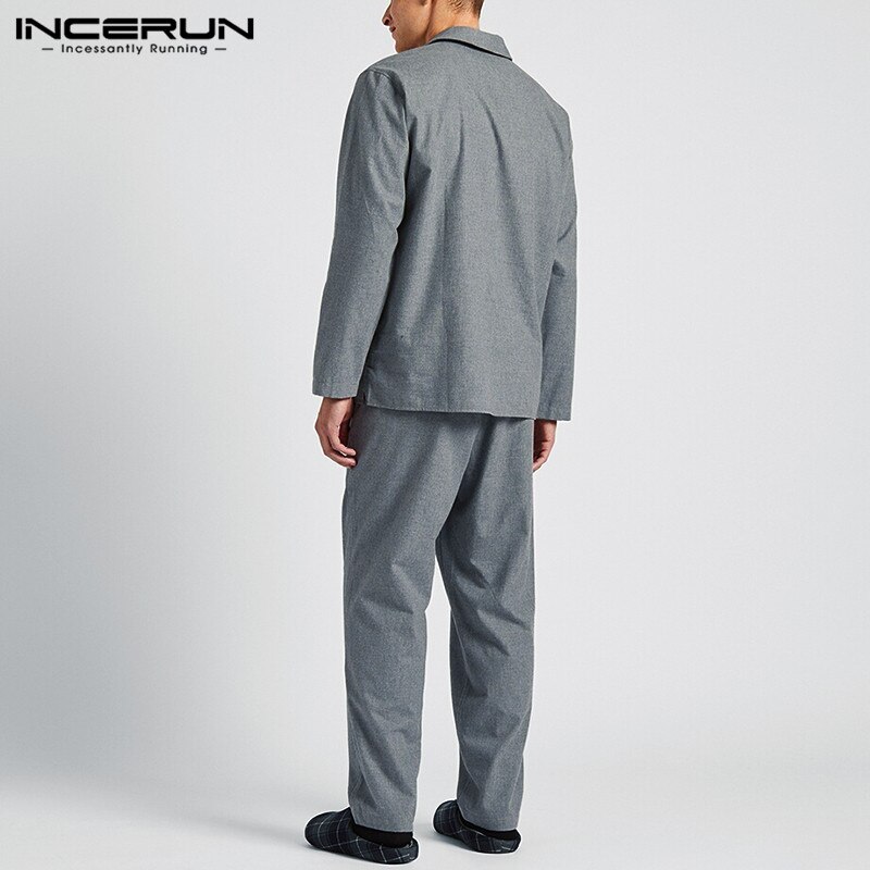 INCERUN Men Solid Color Pajamas Sets Lapel Long Sleeve Homewear Shirt & Pants Loungewear Casual Sleepwear Mens Sets