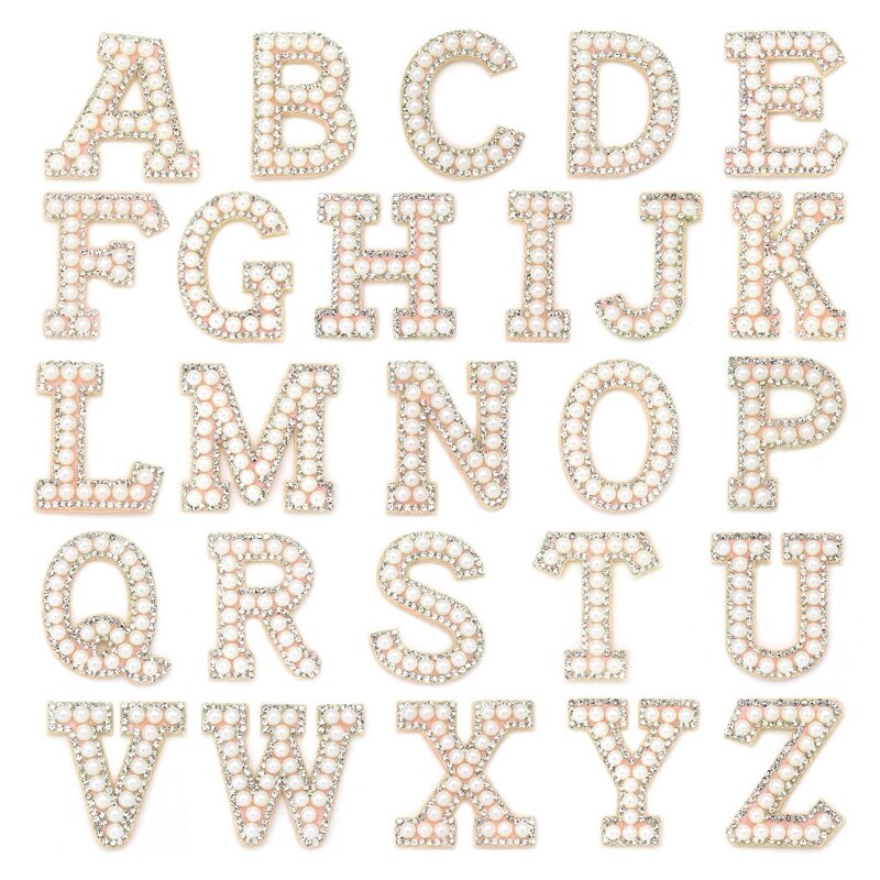 Parches de de letras planchables, 26 Uds., apliques para coser en diamantes de imitación, A-Z de letras de pera, parches de bordados para hacer manualidades: 8YY605201-B