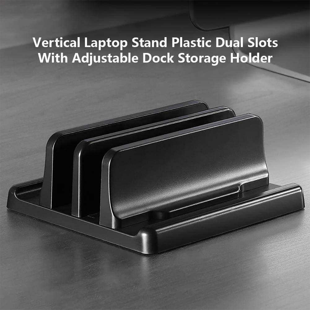Platzsparender, vertikaler laptopständer aus rutschfestem kunststoff mit verstellbarer dockingstation und zwei universellen steckplätzen für den desktop.