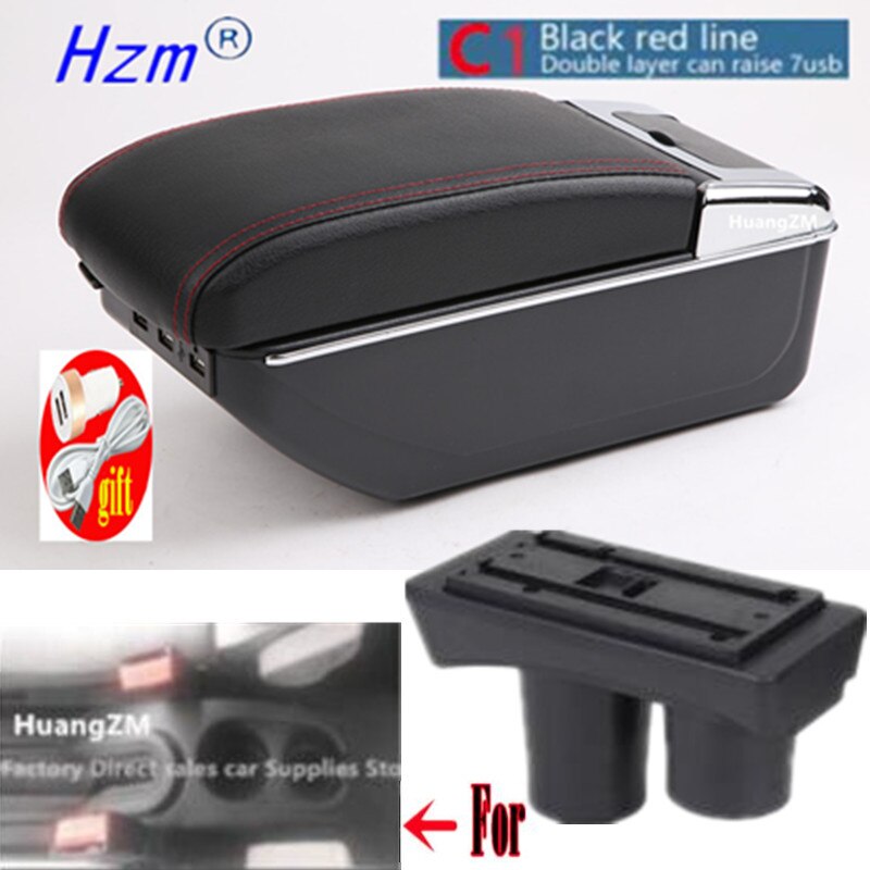 Reposabrazos para Citroën C2 y C3, caja con carga USB, doble capa, Cenicero, accesorios de almacenamiento central: D1 style red line