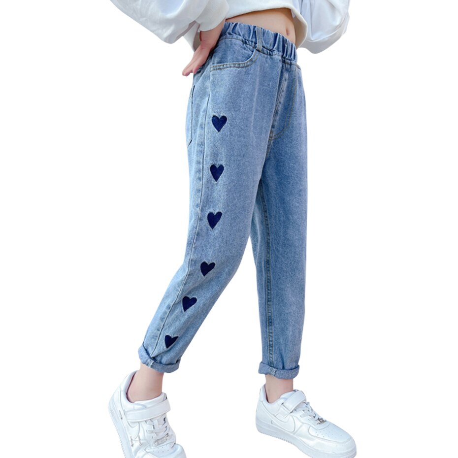 Jeans Girl Heart Pattern Kids Jeans Girls Casual Style Children Jeans Spring Autumn Children's Clothes 6 8 10 12 14