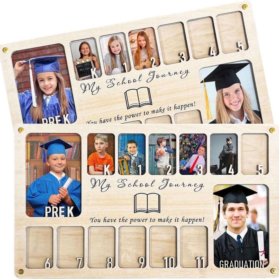Fotolijst voor schooljaar, afstudeerfotodisplay voor kinderen, houten decoratieve fotolijst, voorschoolse afstuderen DIY: WHITE