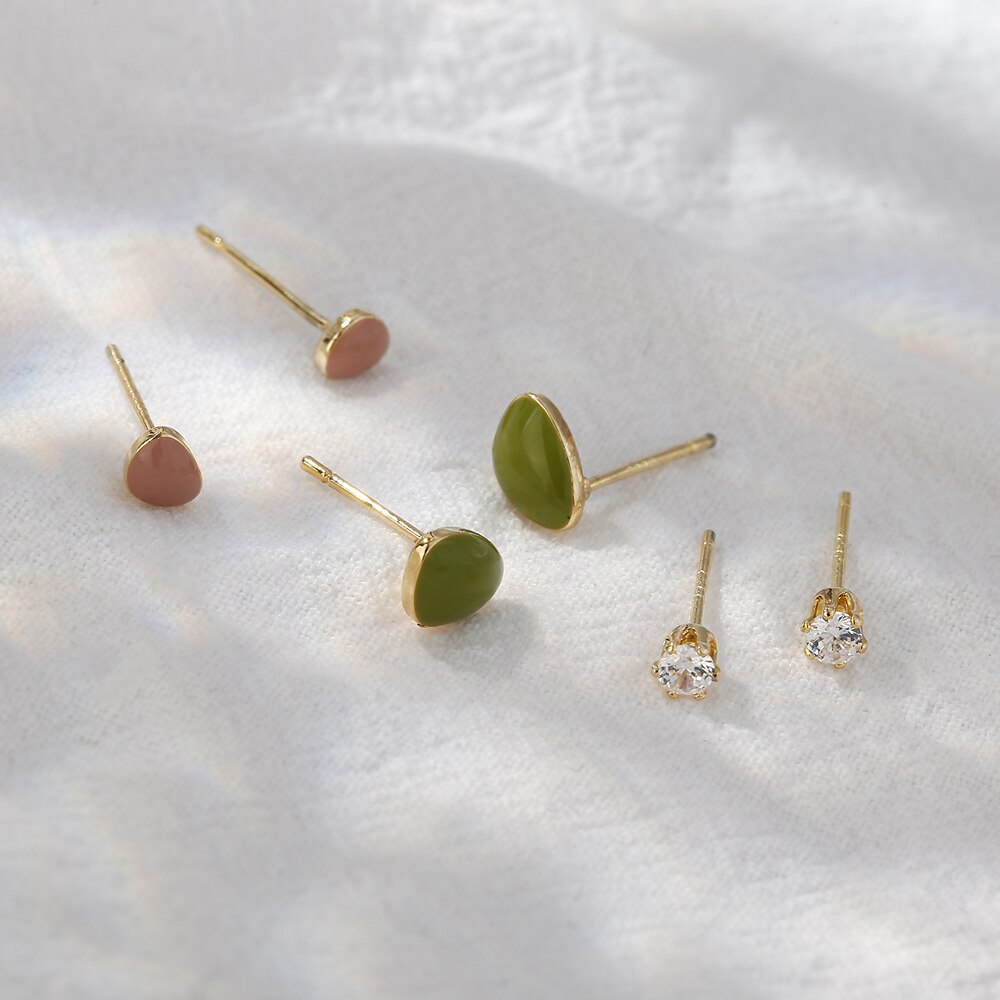 Yhpup Korean Geometric Enamel Small Stud Earrings Set Shiny Cubic Zirconia Earrings Copper Jewelry for Women Wedding