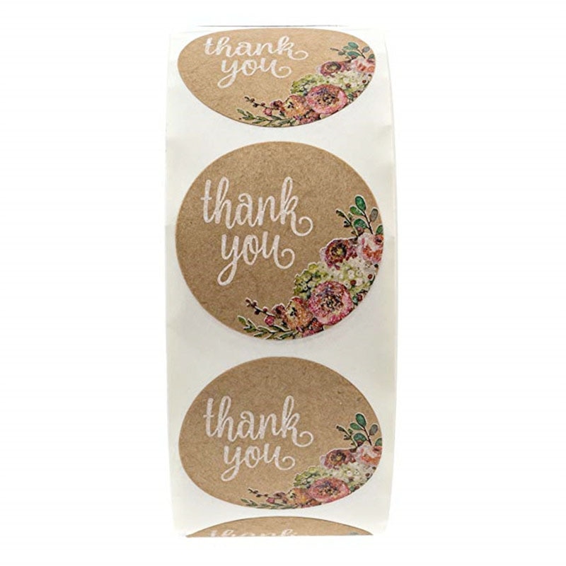 500Pcs/roll Thank You Stickers for seal labes 1inch Handmade Sticker Brown Kraft Floral scrapbooking cute Stationery sticker