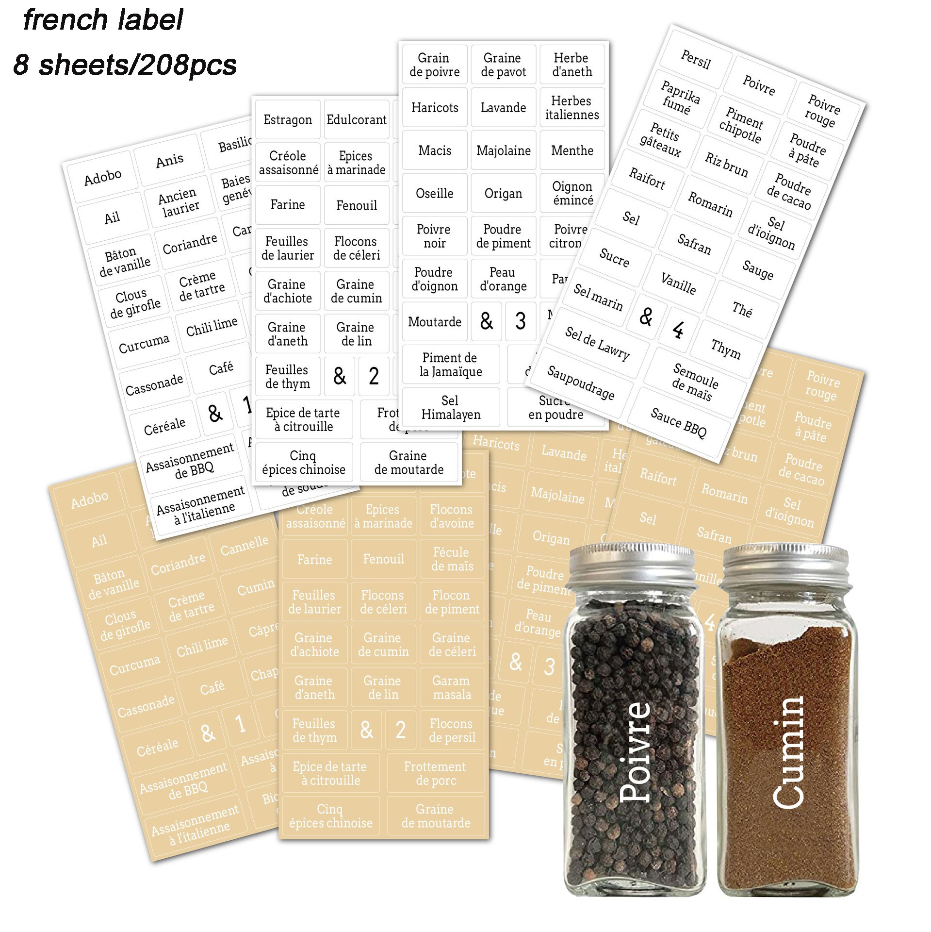 216Pcs Spice Jar Labels White Sticker Water And Oil Proof Self Adhesive Labels Kitchen Storage Bottles Jars Stickers: 8 Sheet French Style
