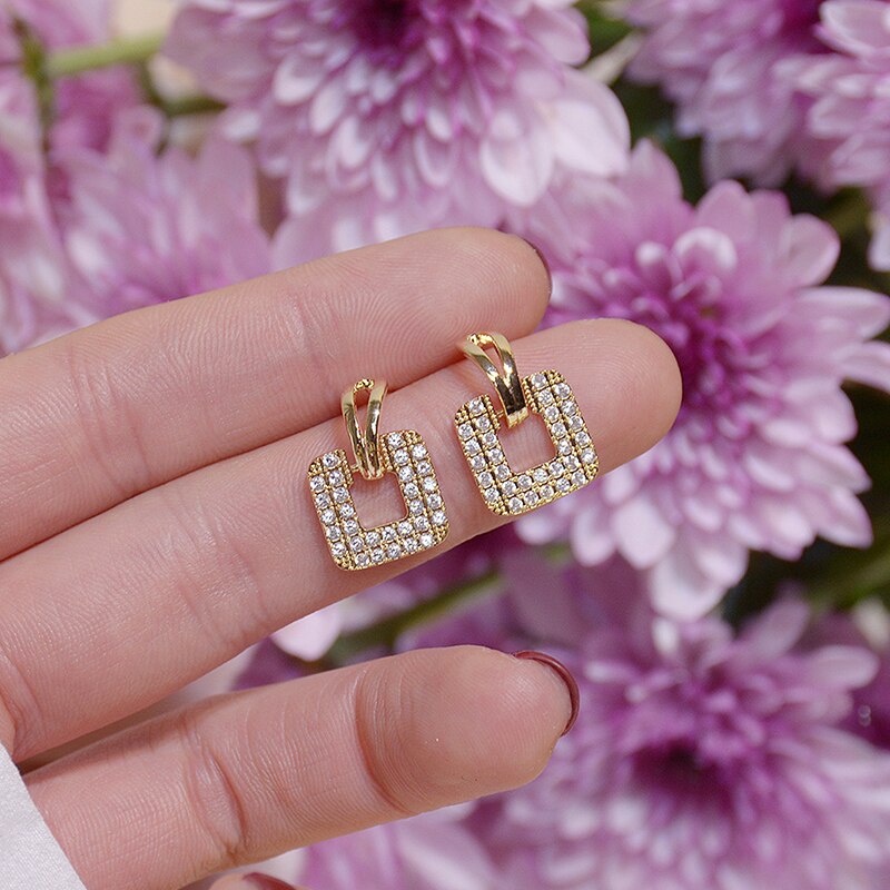 14k Real Gold Square Pave Inlaid Top Zircon Earring for Women Charm Temperament Eearrings Jewelry Brincos Pendant