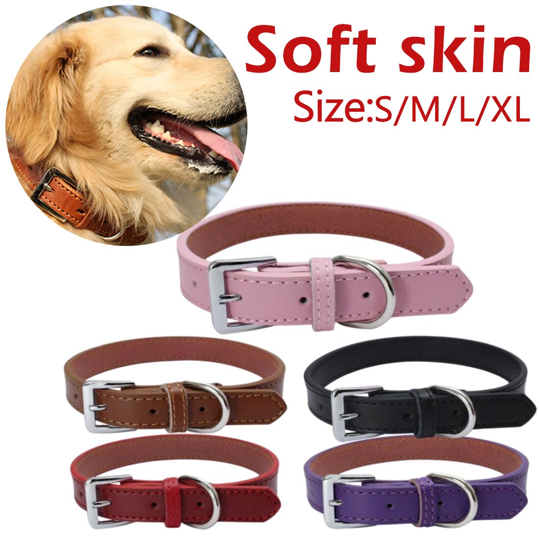 Kleurrijke hondenhalsband van pu-leer, verstelbaar, effen roze kattenhalsband, geschikt voor kleine, middelgrote en grote honden (maat s-xl)