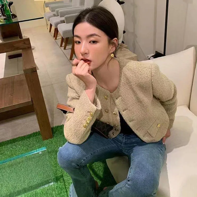 Lucyever Vintage Dames Tweed Jassen Elegante Chique Double-Breasted Met Zakjack Dames Koreaanse Mode O-hals Korte Jas