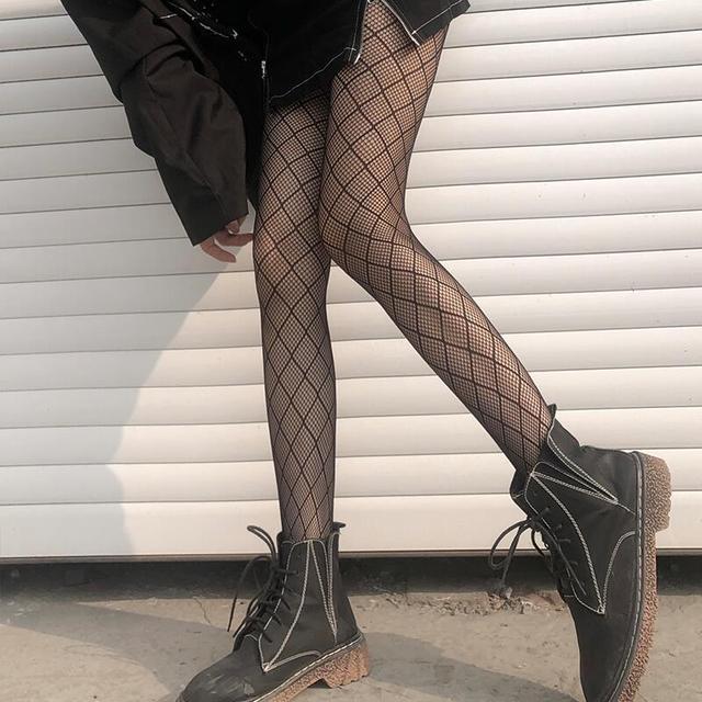 Women Fishnet Heart Pringting Tights Transparent Black Logo Tights Hollow out Moon print Pantyhose Thin Stockings: Black checkered