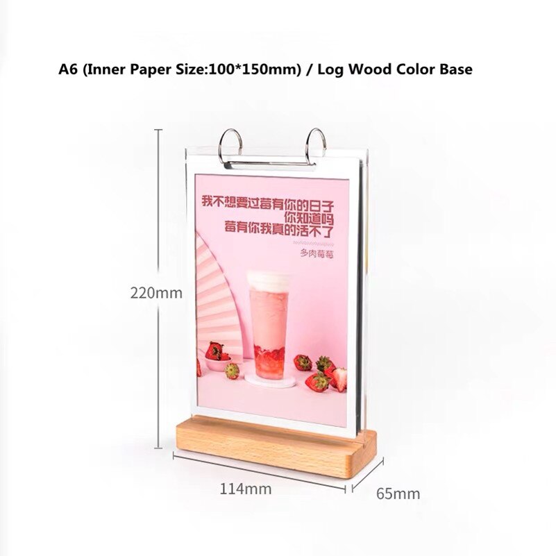 100*150mm akryl dobbeltsidet flip træ base bord kortskilt holder display stativ ramme restaurant menu papir prisliste  a6: Træ træ base