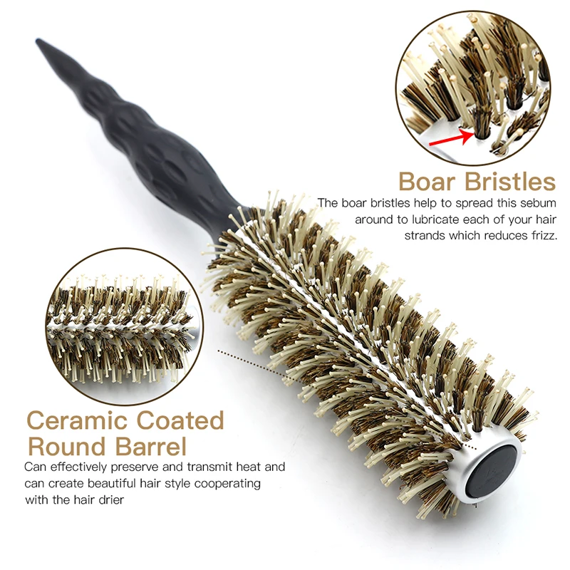 Escova redonda de cabelo profissional para salão de beleza, cerdas de javali de cerâmica, antiestática e resistente ao calor, ferramenta de estilo para cabeleireiro e barbeiro