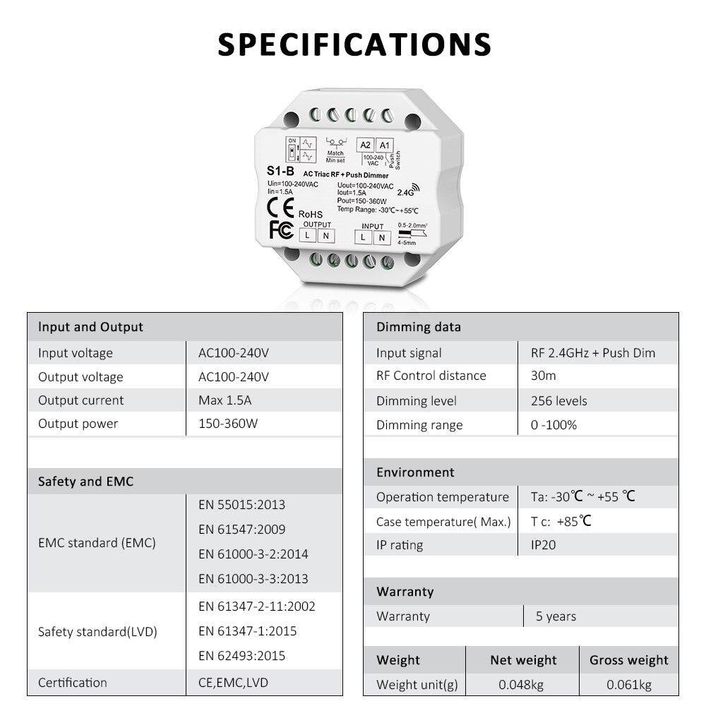Variateur de lumière 220V 230V 110V AC Triac RF sans fil 2.4G
