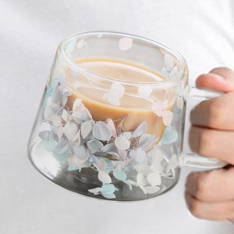Dubbelwandige glazen koffiemok geïsoleerde bloem glazen espressokopje heldere melkbekers vulling gesimuleerde bloemen theekopje sap waterbeker
