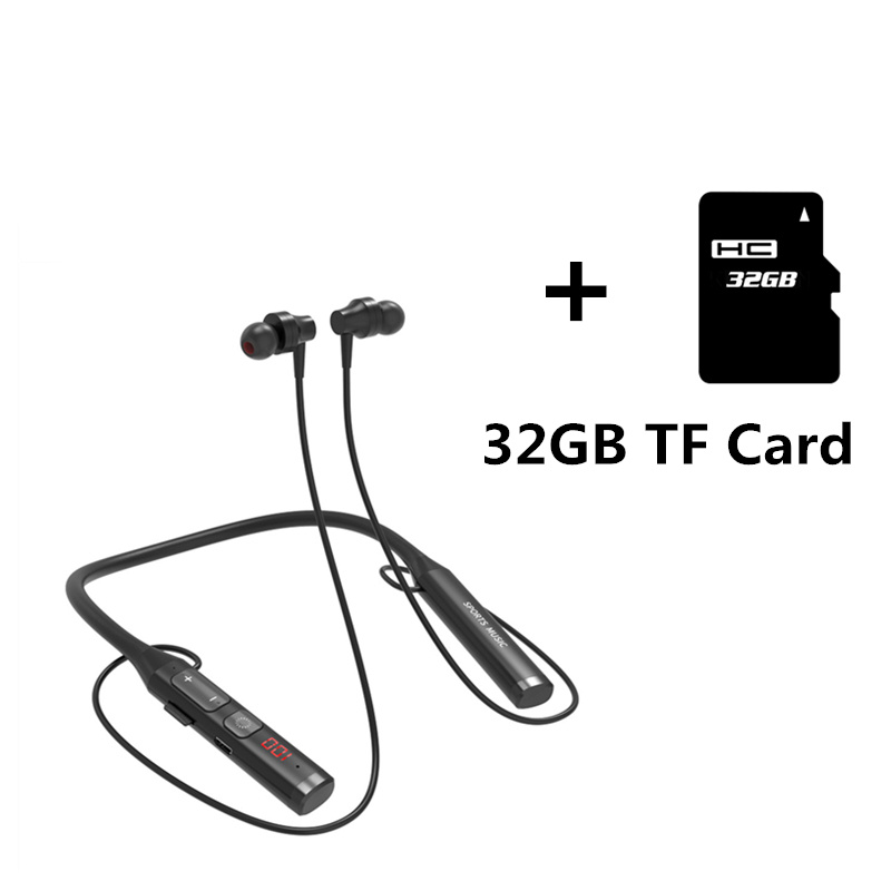 3 In 1 Bluetooth 5.0 Sport Draadloze Koptelefoon Nekband Magneet Hifi Stereo Headset Ondersteuning MP3 Speler Fm Radio Tf Card met Mic: Black add 32GB card
