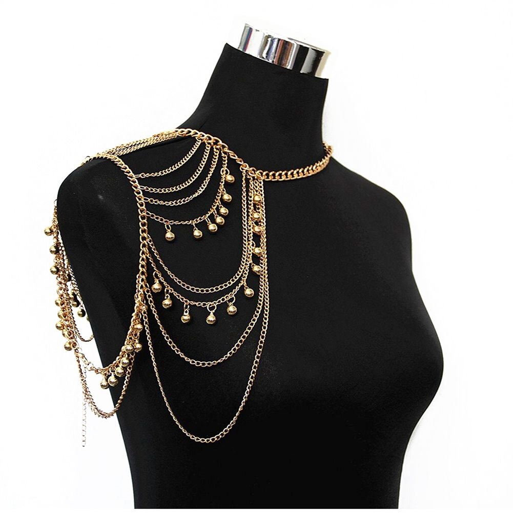 Ton or harnais multicouche avec clochettes collier amour roches épaule drapé