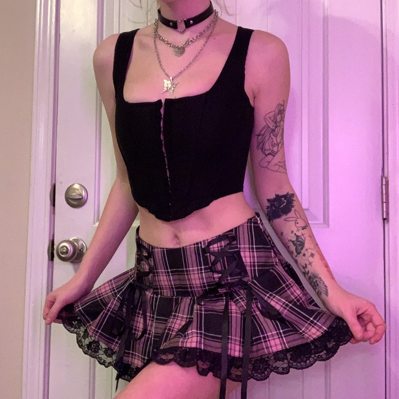 Minifalda gótica de Lolita para mujer, tutú con volantes, rosa, cuadros, plisado, Emo, Punk, oscura, Academia, ropa Grunge