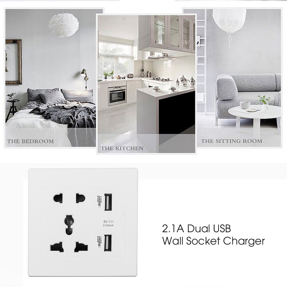 KEBIDU AC 110v 220v 10A toma de pared USB Panel de toma de pared Universal + 2 puertos USB enchufe cargador interruptor de alimentación cargador de teléfono