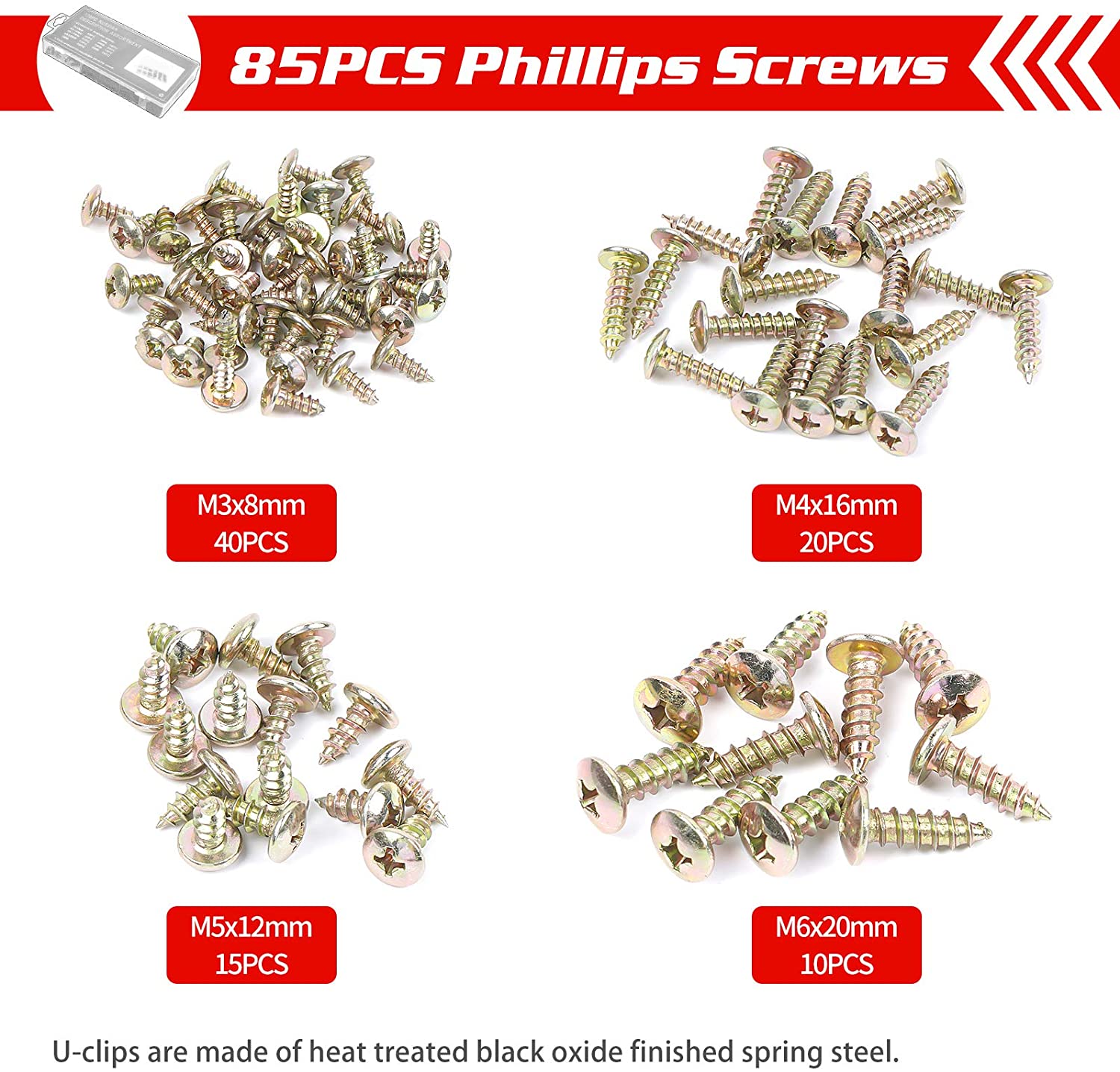 QEEPEI 170PCS Car U Clip with Screw Assortment Kit Automotive U Nut Screw Clip Metal Body Panel Clip Fasteners