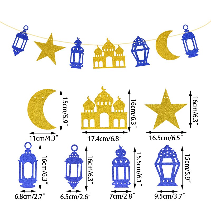 EID Mubarak Banner Glitter Mirror Ramadan Kareem Decoration Garlands Bunting Banner Gold Royal Blue Ramadan Decor For Home: B04