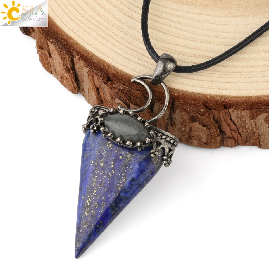 CSJA Natural Stone Triangle Pendant Necklace Antique Silver-color Crown Moon Labradorite Geometric Women Men Trendy Jewelry G324