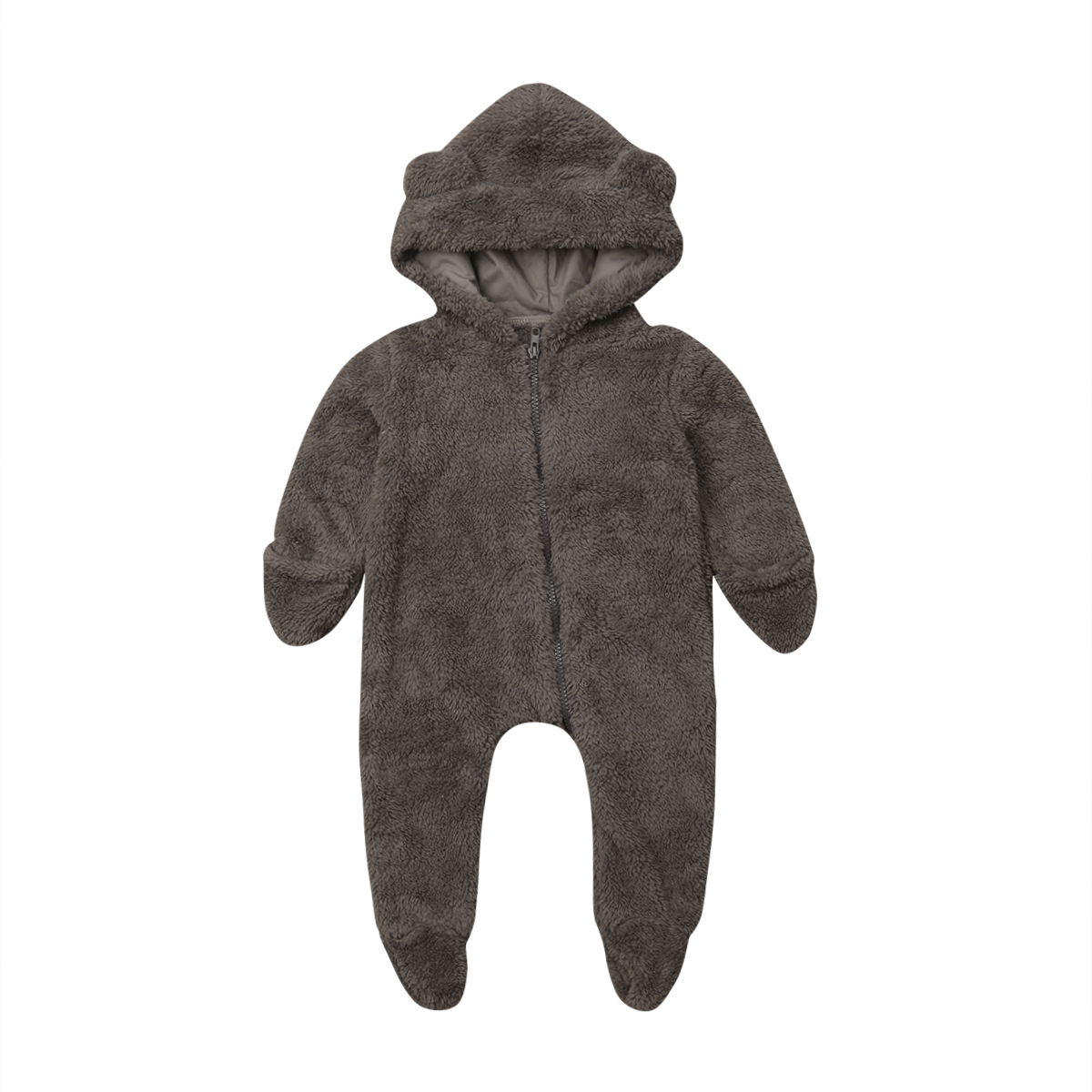 Winter Warm Cute Toddler Baby Girls Boys Fur Romper Ears Hooded Zipper Solid Long Sleeve Jumpsuits Romper 2 Colors: Brown / 12M