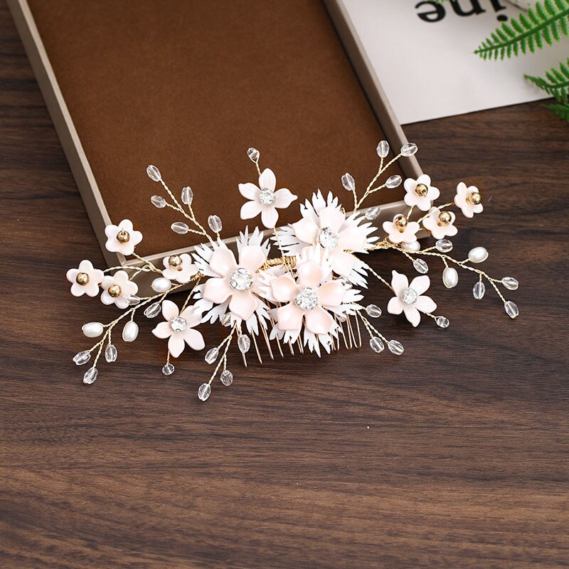 Korean Handmade Flower Crystal Pearls Hairpins Hair Combs Earrings Jewelry Sets for Women Girls Bride Wedding Party