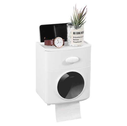 Double Layer Tissue Box Wall Mounted Toilet Paper Holder Waterproof Storage Box Mobile Phone Storage Table Bathroom Supplies: White B