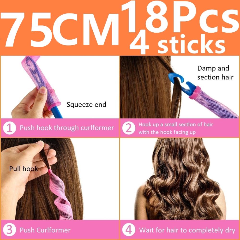 Mèches pour cheveux bouclés, boucles rondes en forme d'escargot, non ondulées, 75CM, 18 pièces, bigoudis, bricolage, 4 bâtons, bigoudis