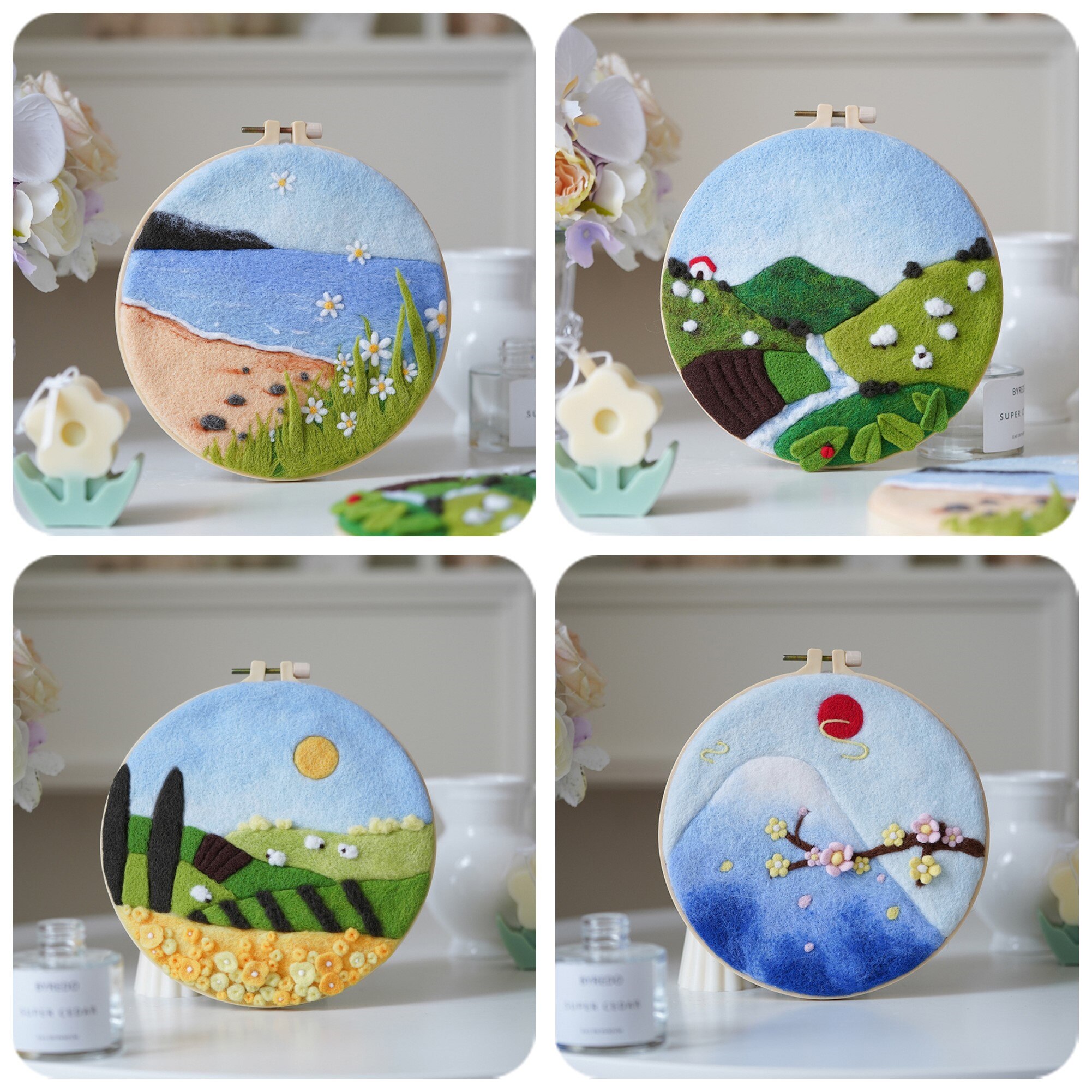 Landscape Needle Felting Kit with 8in/20cm Embroidery Hoop Unfinished Needlework Felt Material DIY Felting Craft Kit