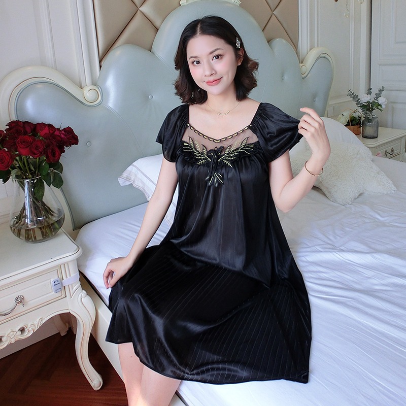 Damen Eis Seide Nachthemden Schlaf Kleid Mittel Länge Kurzarm Nachthemd sexy Nachtwäsche Hause Tragen Loungewear Schlafanzug Femme