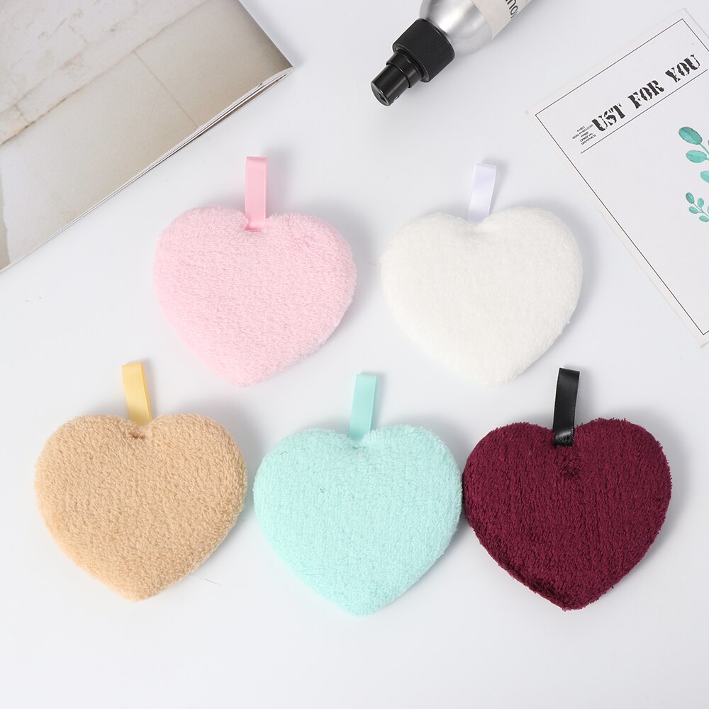 Microfibre chiffon tampons coeur dissolvant serviette visage nettoyage maquillage éponge conteneur maquillage éponge maquillage poudre bouffée peluche