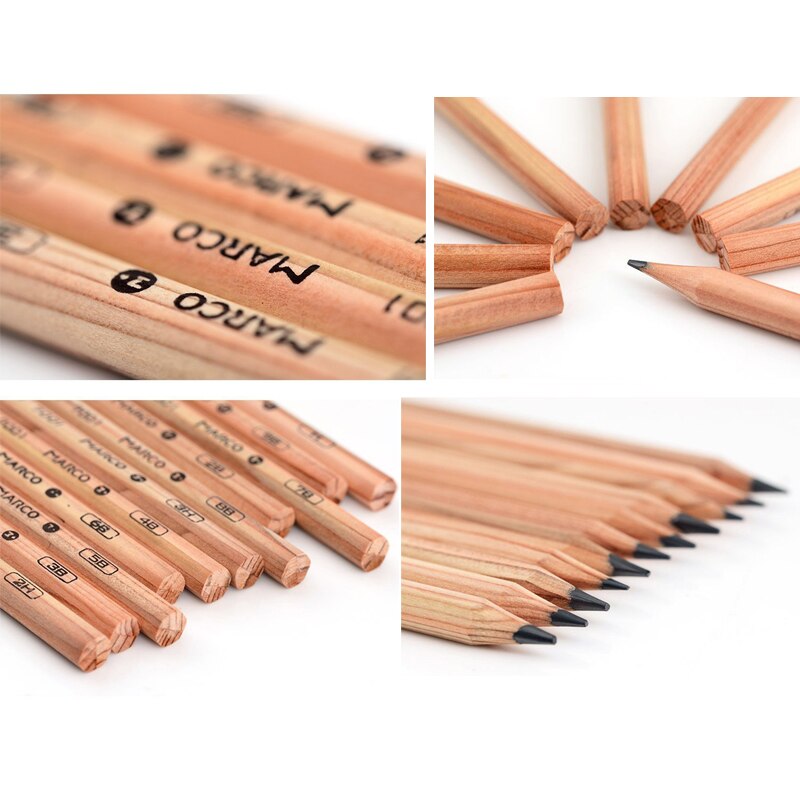Set of 12 (H-9B) Marco Raffine Iron Box Sketch Pencils for Drawing Wood Art Pencil School Supplies Matita