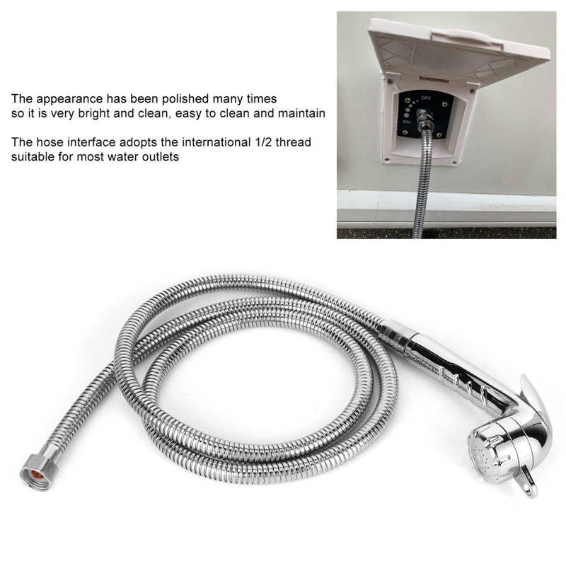 Stainless Steel RV Caravan External Nozzle Water Supply Exterior Shower Head Hose Kit With 1.5m Hose 1/2 Thread RV Styling